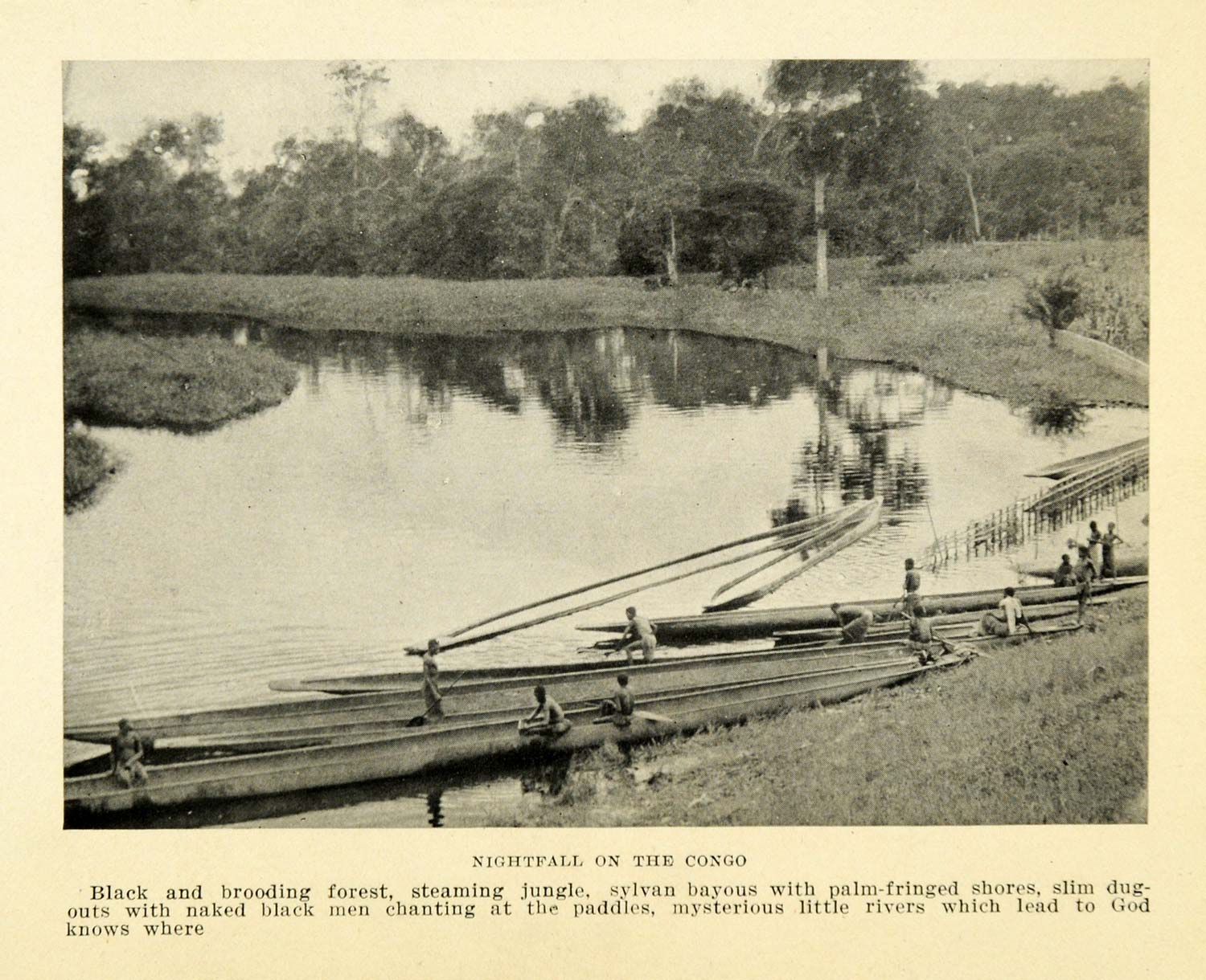 1925 Print Congo River Forest Jungle Palm Africa Boat Canoe Harbor Coast XGB6