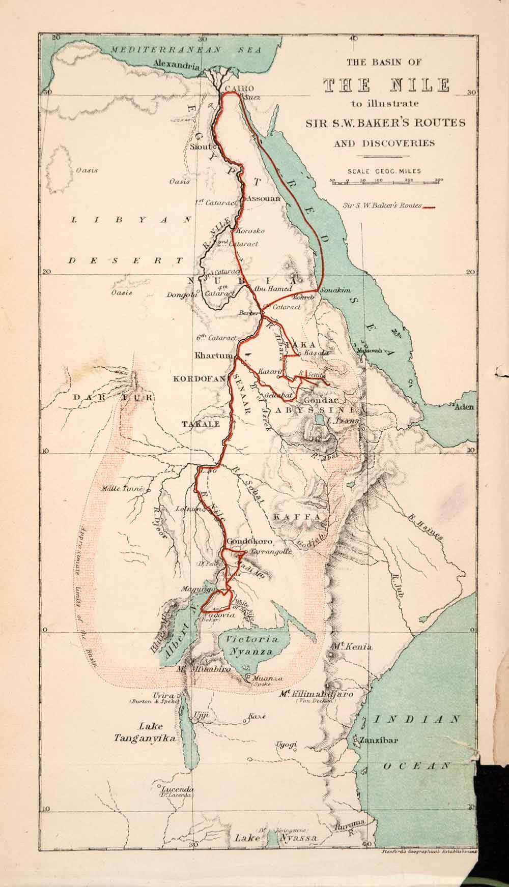 1868 Lithograph Map Nile Basin Sir S.W. Baker Discovery Egypt Libyan XGBA1 - Period Paper
