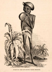 1868 Wood Engraving Starving Boy Kytch Tribe Begging Africa Portrait Nude XGBA1