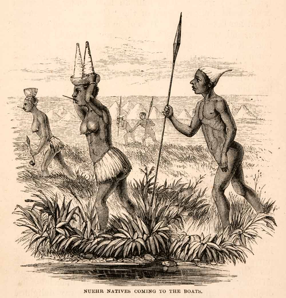 1868 Wood Engraving Nuehr Natives Running Nude Africa Fashion Nude Tribal XGBA1