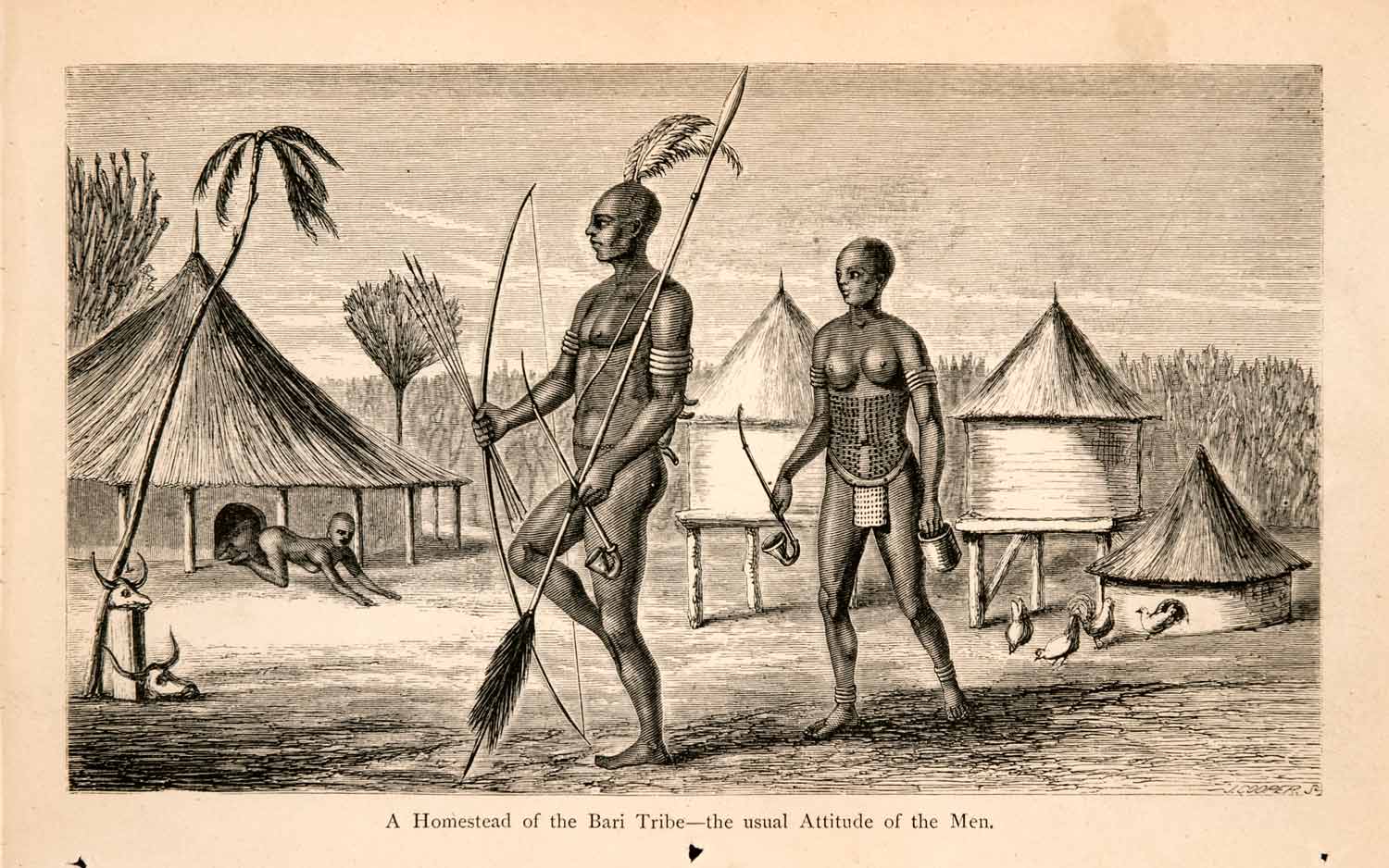 1868 Wood Engraving Homestead Bari Tribe Attitude Men Village Africa Nile XGBA1
