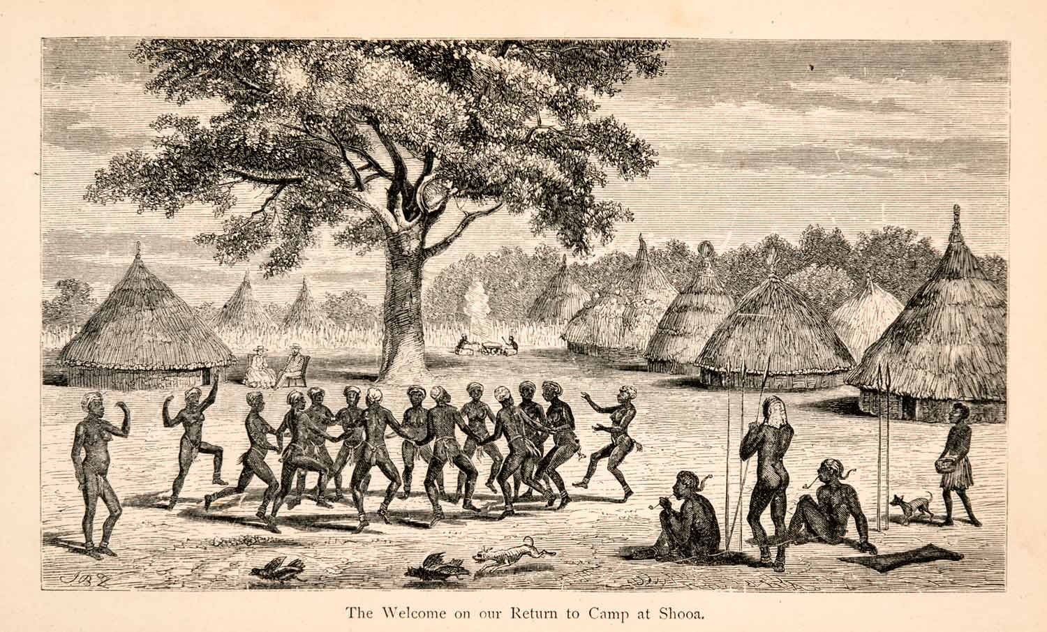 1868 Wood Engraving Welcome Dance Return Home Shooa Africa Tribes XGBA1