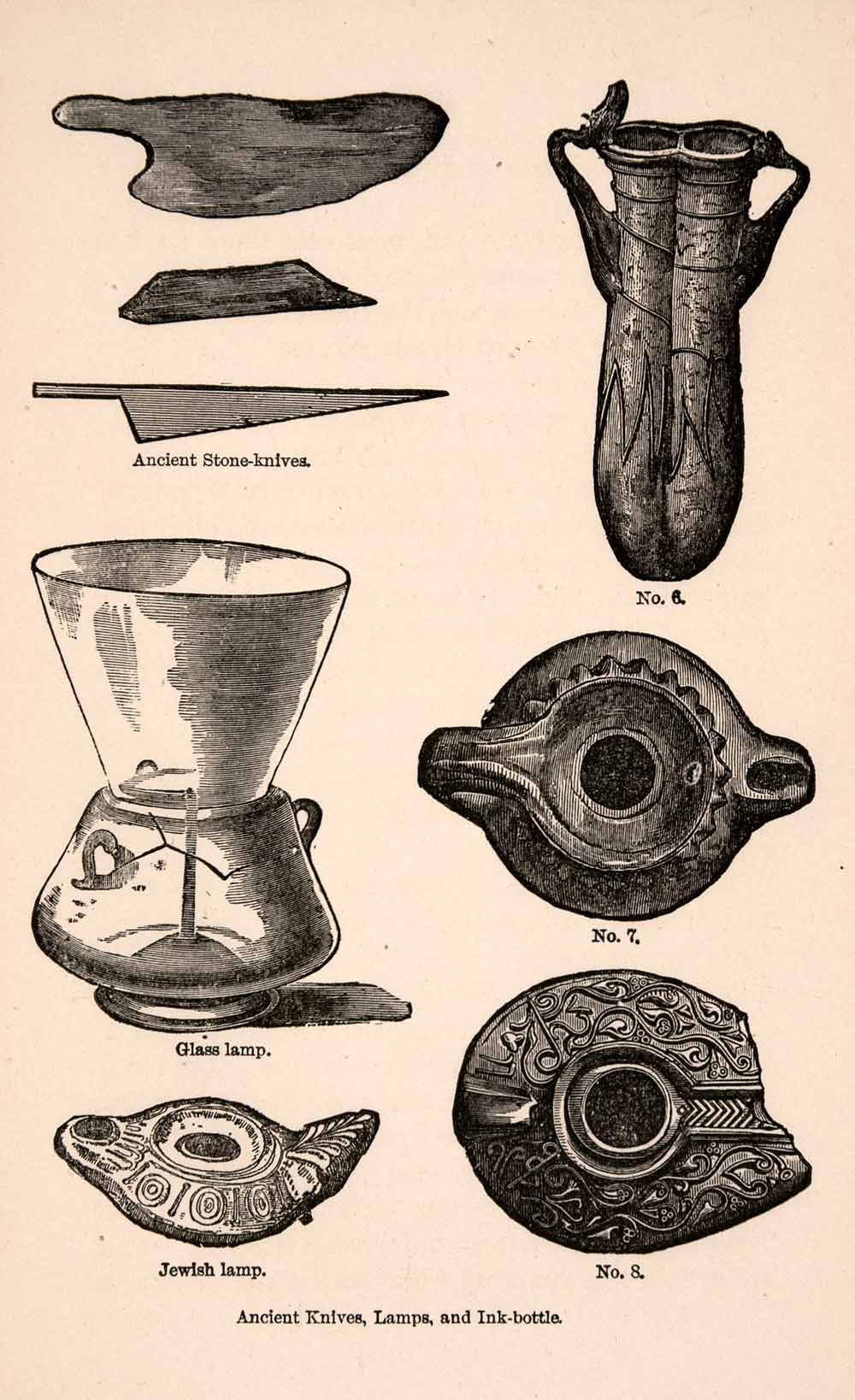 1873 Wood Engraving Ancient Knives Lamps Ink Bottles Israel Tools XGBA2