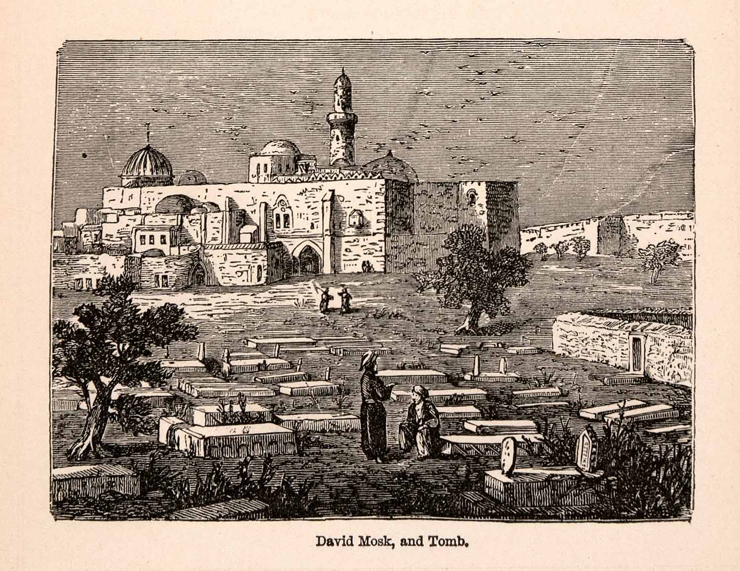 1873 Wood Engraving David Mosk Mosque Tomb Religion Landscape Cemetery XGBA2