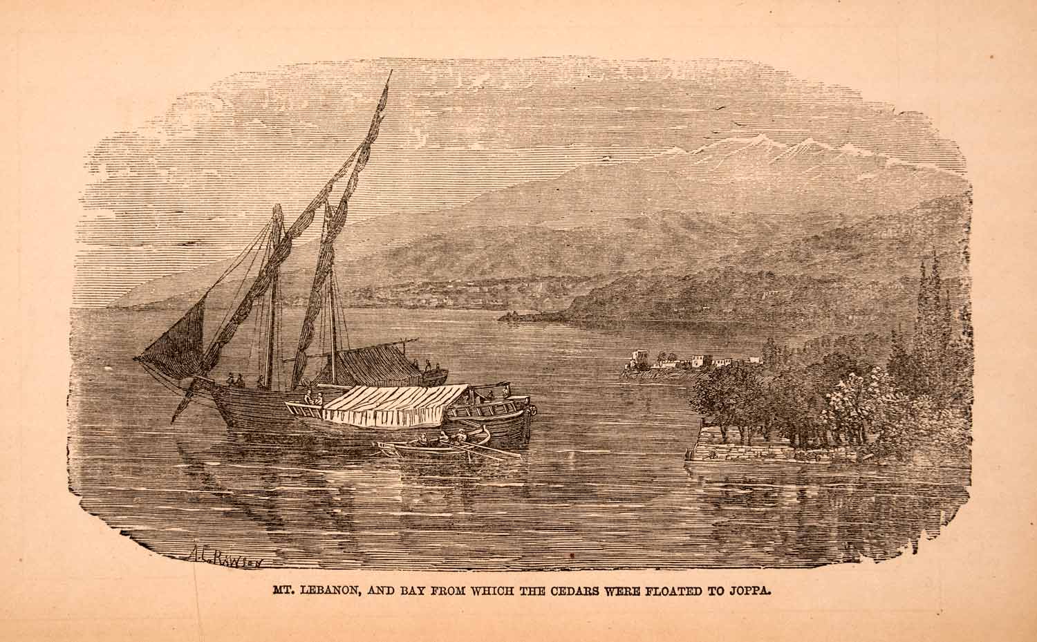 1873 Wood Engraving Mt Lebanon Bay Cedars Floated Joppa Boat Landscape XGBA2