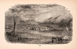 1873 Wood Engraving Joppa Joffa Biblical River Boat Cityscape Wolcott XGBA2