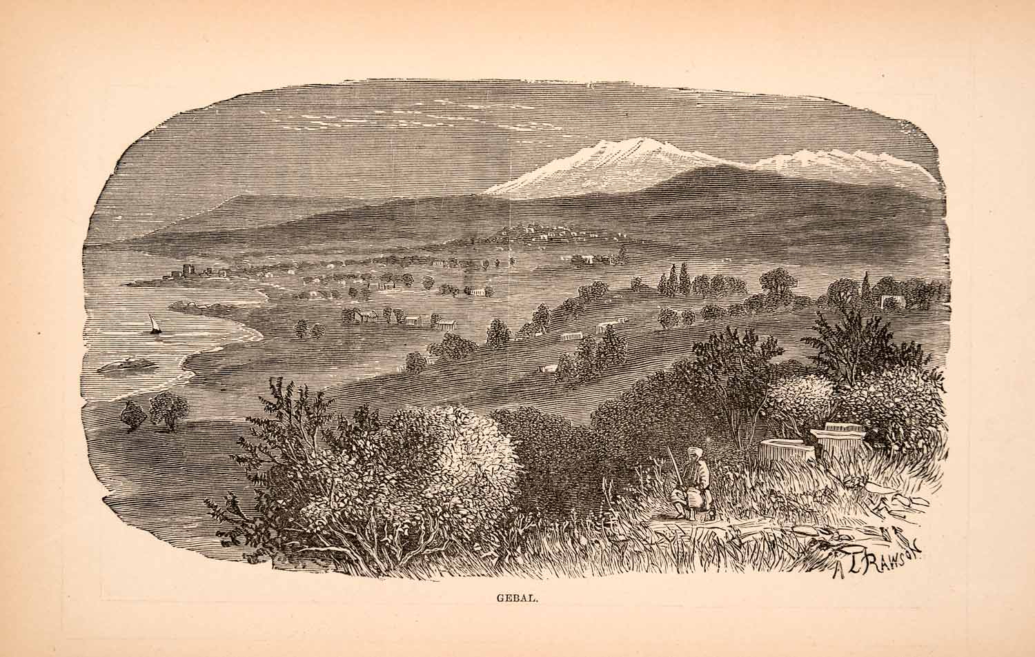 1873 Wood Engraving Gebal Landscape Ancient Phoenician City Lebanon XGBA2