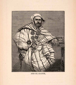 1873 Wood Engraving Abdelkader Muhieddine Algerian Islamic Portrait XGBA2