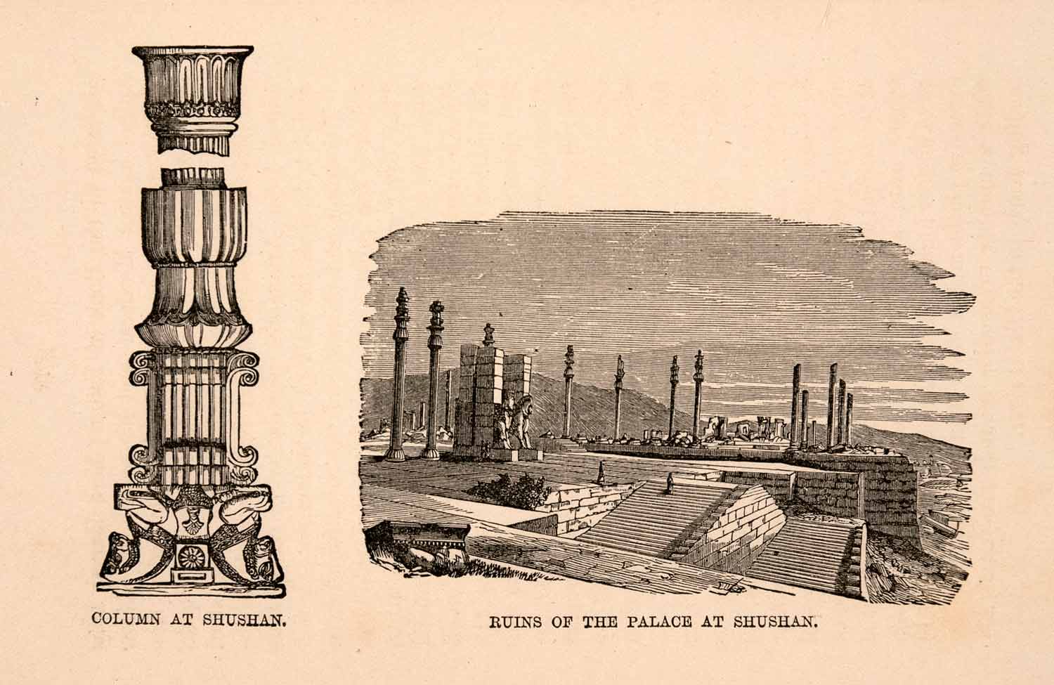 1873 Wood Engraving Column Shushan Ruins Palace Elam Historic Wolcott XGBA2