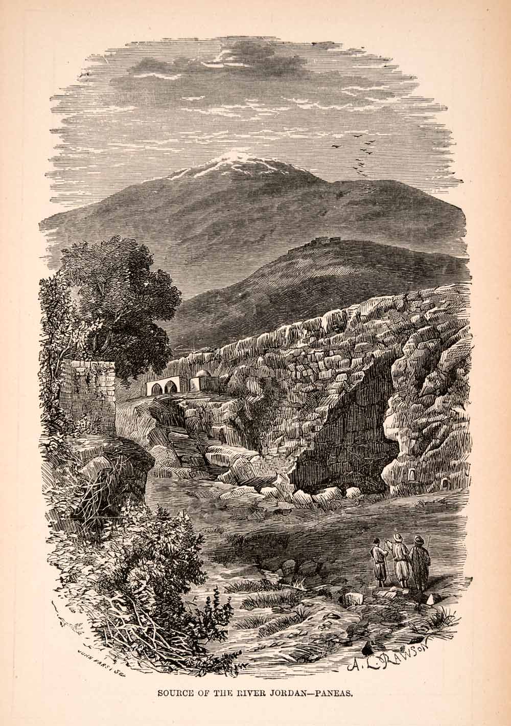 1873 Wood Engraving River Jordan Source Paneas Mountains Cave Wolcott XGBA2