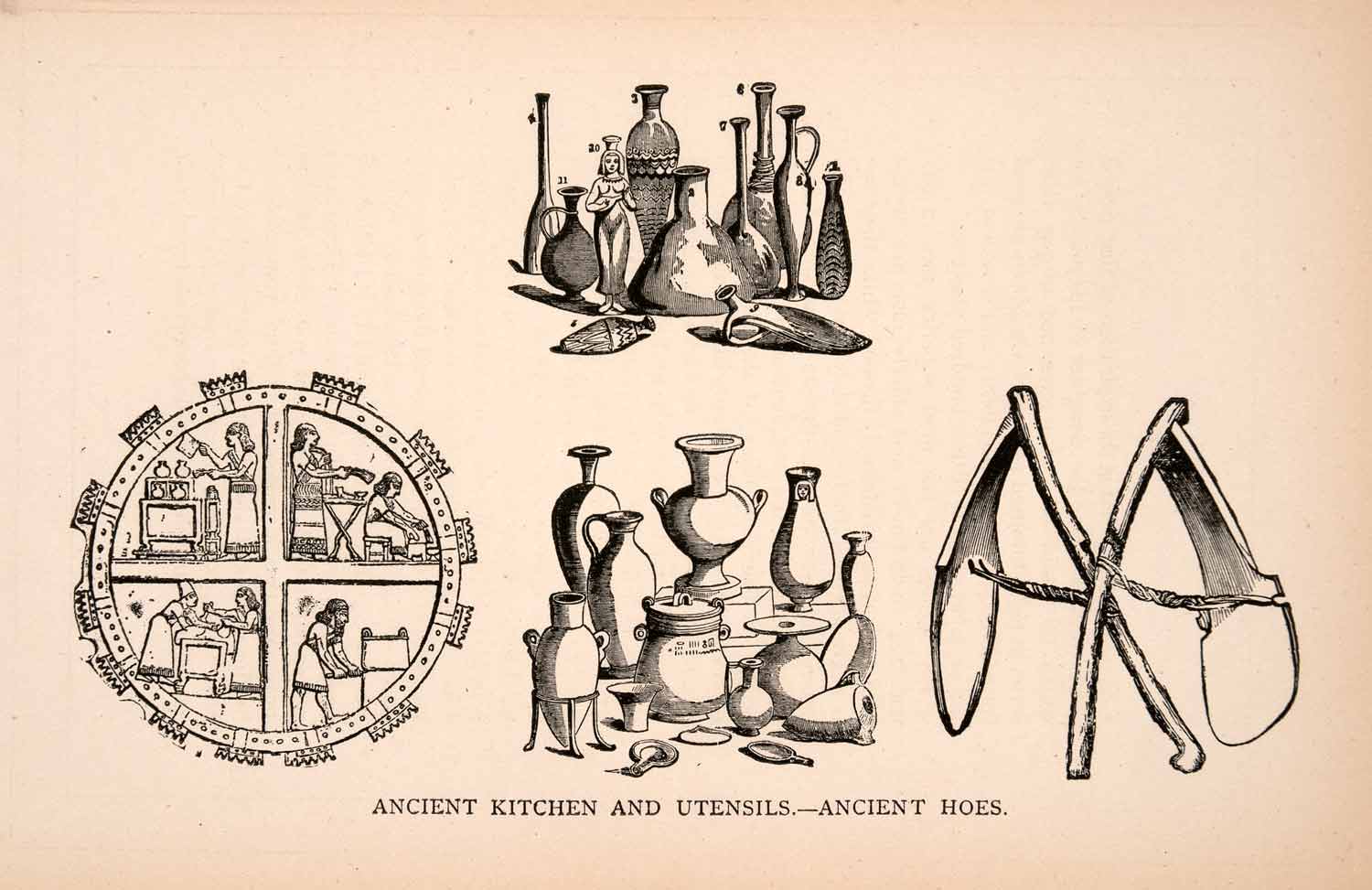 1873 Wood Engraving Ancient Kitchen Utensils Hoes Tools Egyptian XGBA2