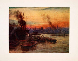 1905 Print Thames River Boats London St. Paul's Sunset William Lionel Wyllie Art