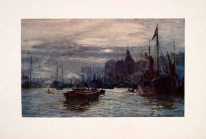 1905 Print Billingsgate Fish Market Church Thames Mist London William Wyllie Art