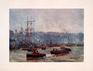 1905 Print London Fog Custom House Billingsgate Thames William Lionel Wyllie Art