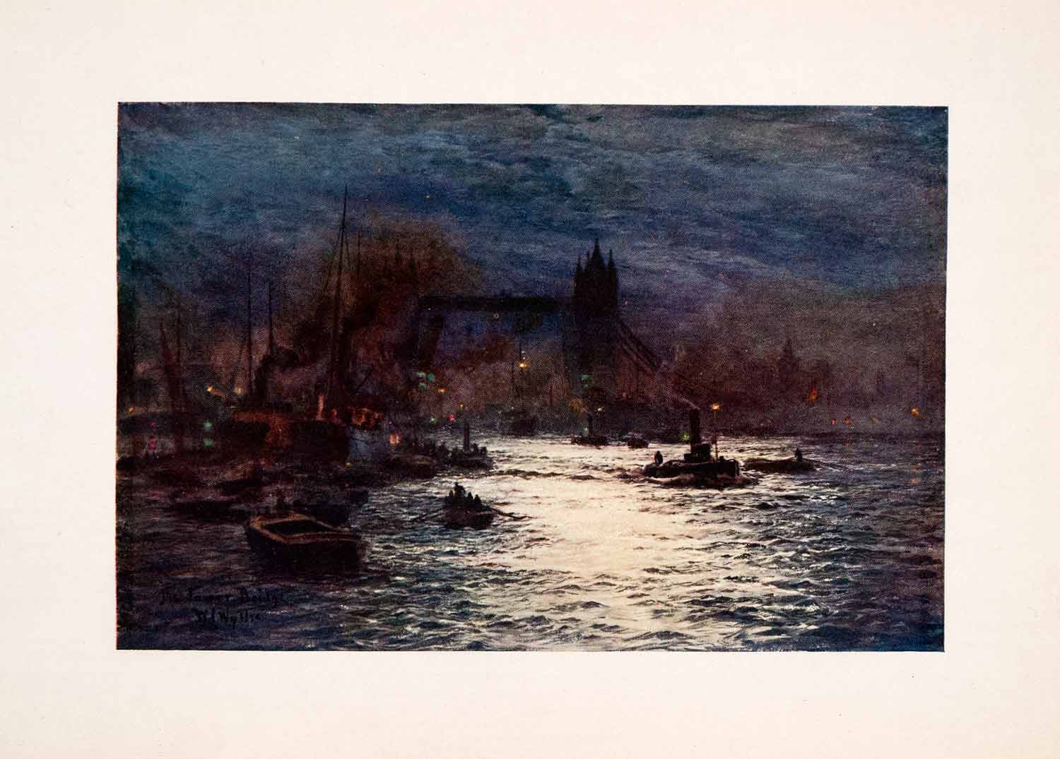 1905 Print Thames River Moonlight Tower Bridge London William Lionel Wyllie Art