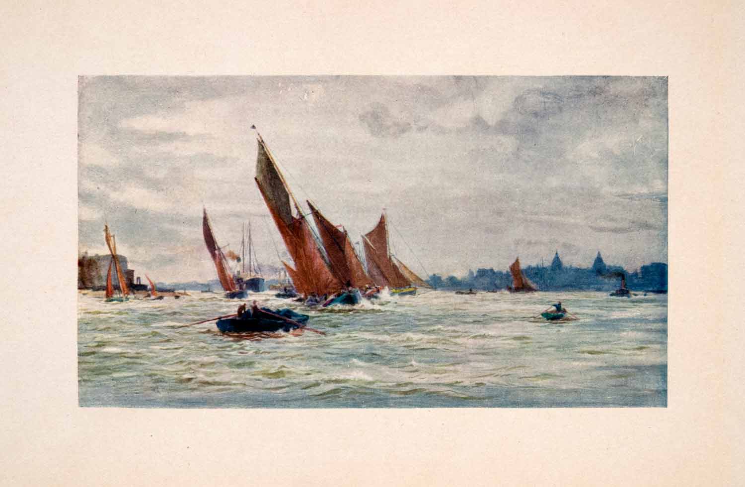 1905 Print Greenwich Hospital Thames Sailboats London William Lionel Wyllie Art