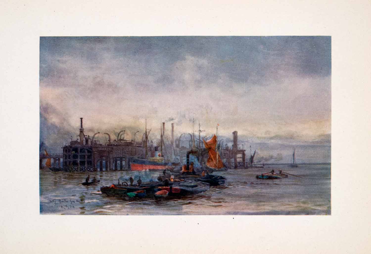 1905 Print Beckton Gas Works Jetty Thames River London William Lionel Wyllie Art