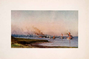 1905 Print Erith London Thames River Boats Shoreline William Lionel Wyllie Art