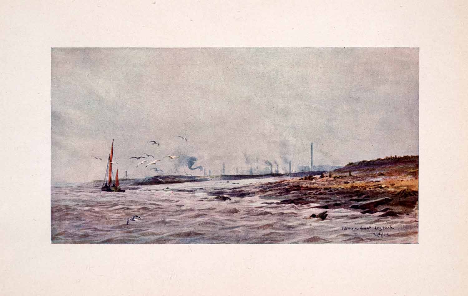 1905 Print Long Reach London Industrial Shoreline Gull William Lionel Wyllie Art
