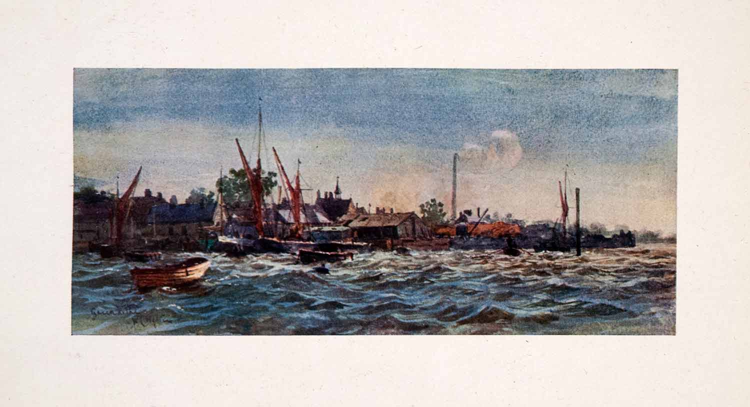 1905 Print Greenhithe Thames River Waves Wharf Boats William Lionel Wyllie Art