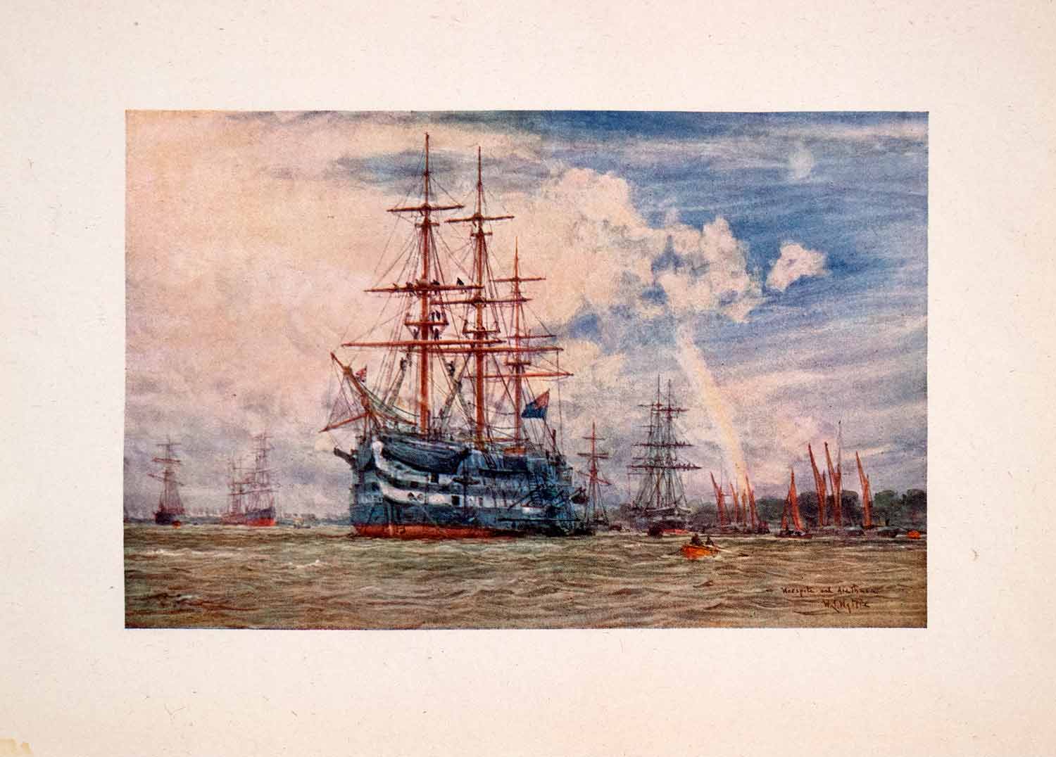 1905 Print HMS Warspite Arethusa Royal Navy Training Ships Thames William Wyllie