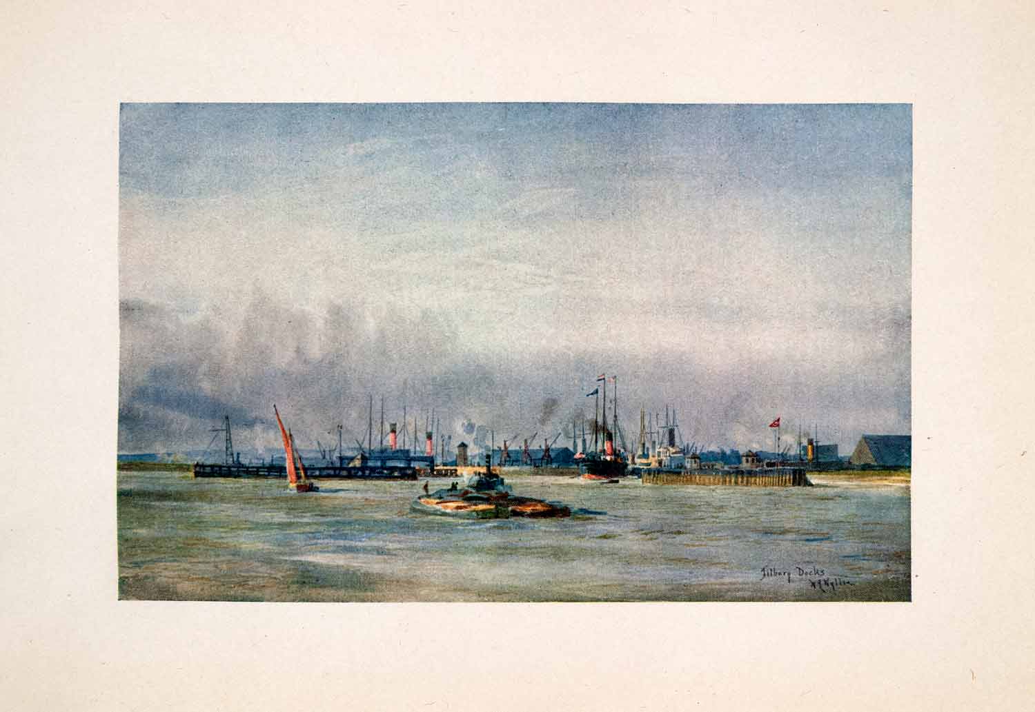 1905 Print Allan Line Ship Tilbury Docks Thames River William Lionel Wyllie Art