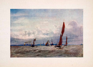 1905 Print River Thames England Sailboat Steamer Boats William Lionel Wyllie Art