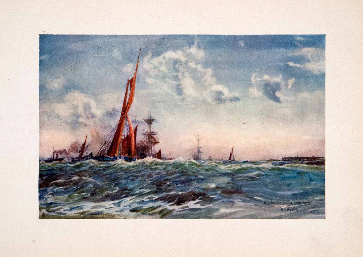 1905 Print Lower Hope Sailboat River Thames England William Lionel Wyllie Art