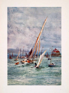 1905 Print Port Victoria Sailboats Rowing Club House Kent UK William Wyllie Art