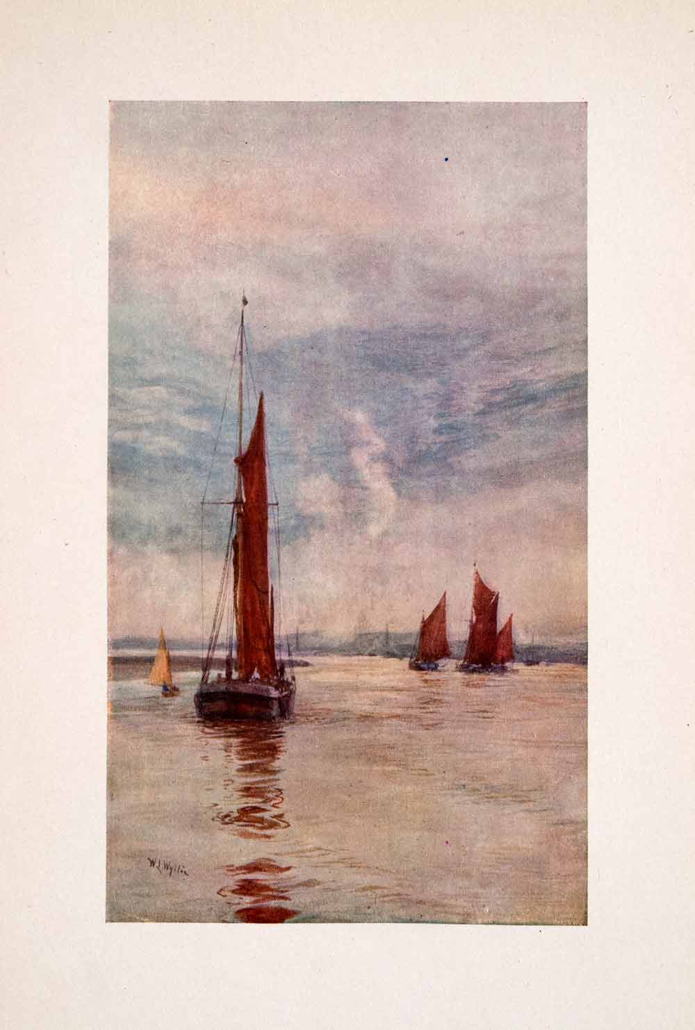 1905 Print Sovereign Reach Sailboat Barge Thames River William Lionel Wyllie Art
