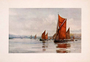 1905 Print Sailing Barge Thames River England Sailboat William Lionel Wyllie Art