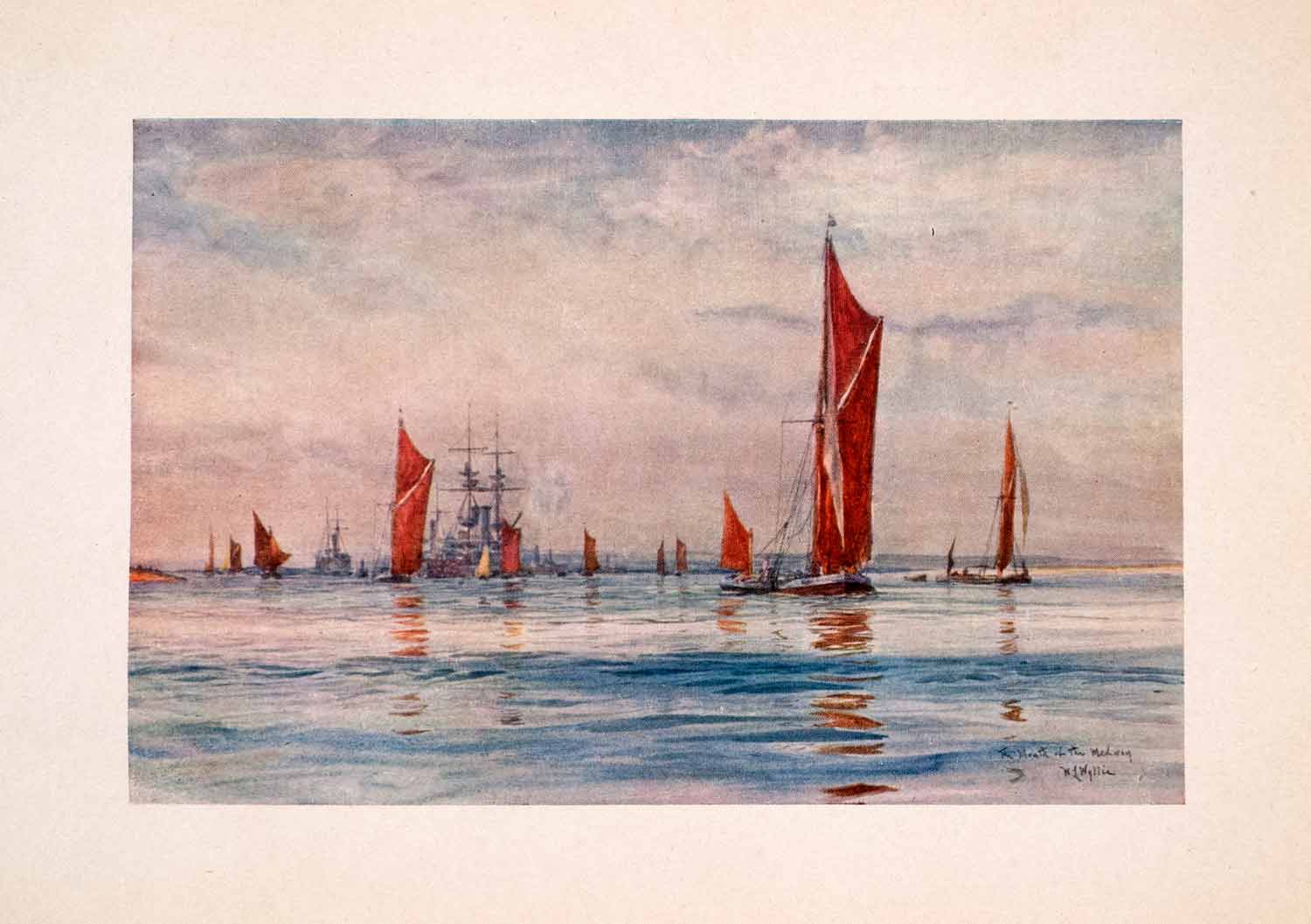 1905 Print Medway River Barge Spritsail Boat England William Lionel Wyllie Art