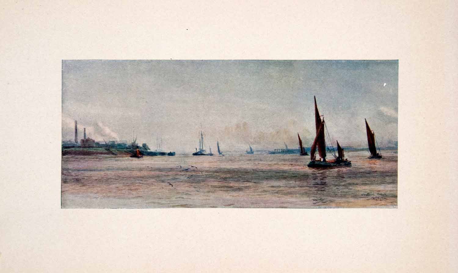 1905 Print Chatham Reach Medway Barge Ship River Coast William Lionel Wyllie Art