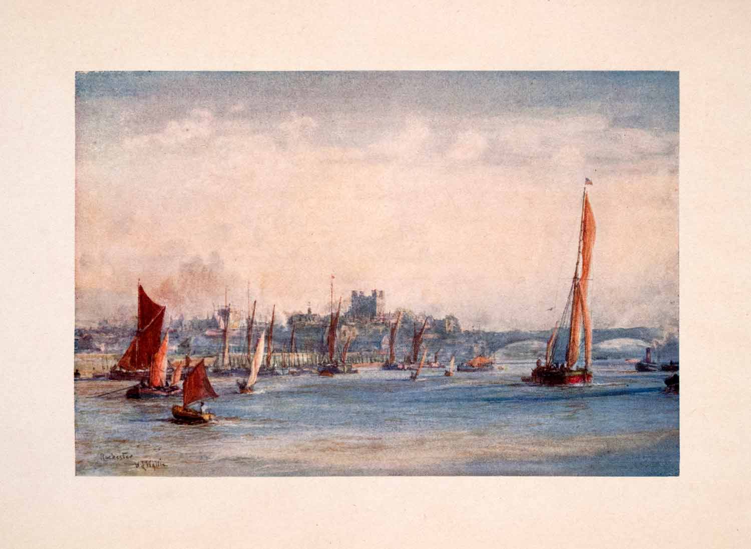 1905 Print Rochester Castle Medway Kent Bridge Barge William Lionel Wyllie Art