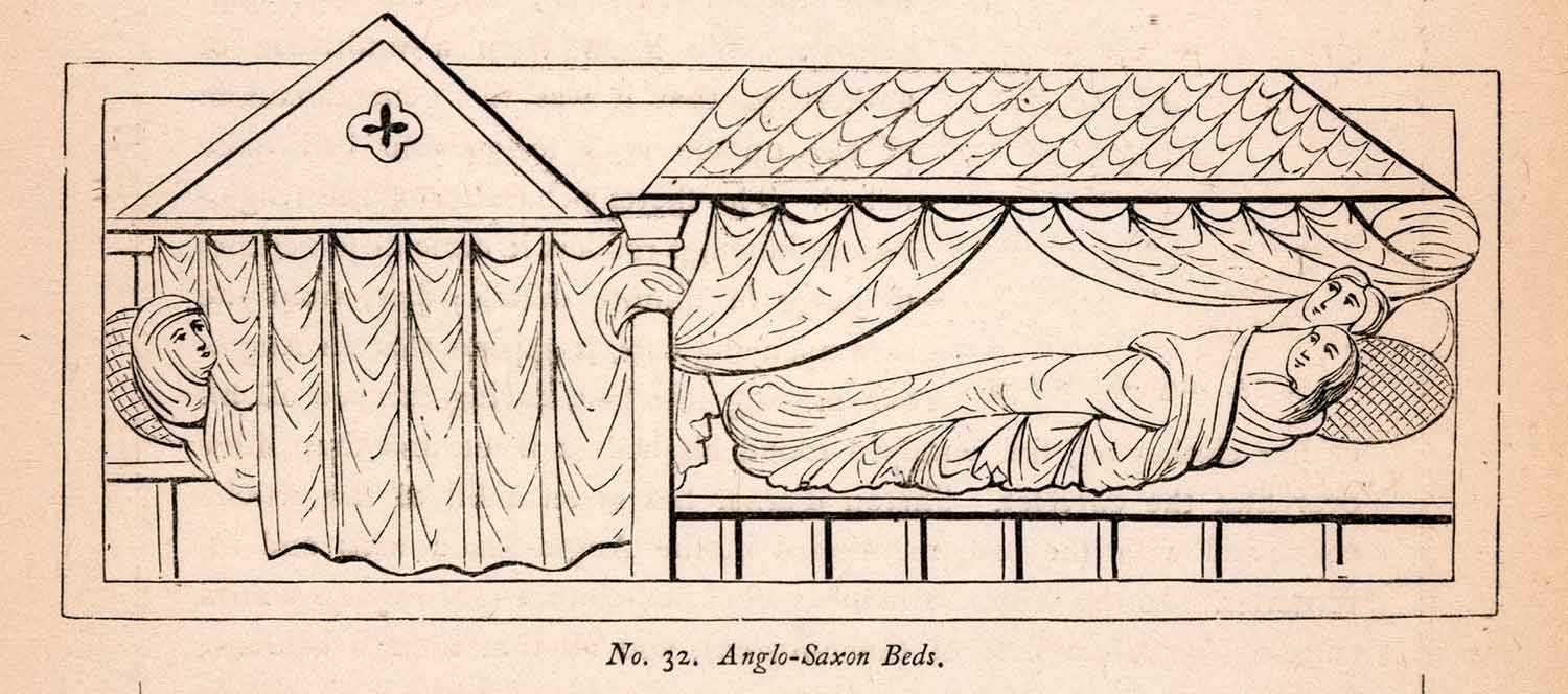 1862 Wood Engraving Frederick William Fairholt Anglo Saxon Beds Sleep XGBA4