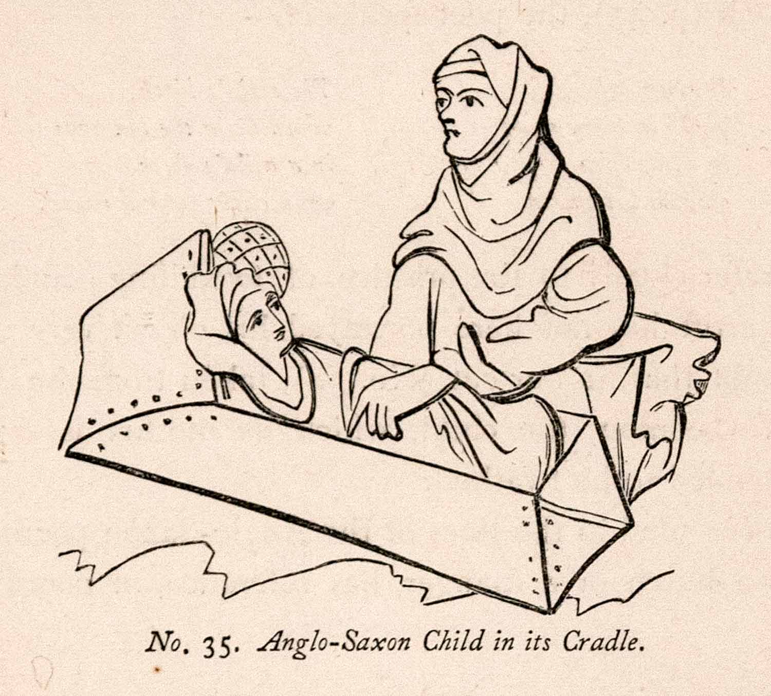 1862 Wood Engraving Frederick William Fairholt Anglo Saxon Child Cradle XGBA4
