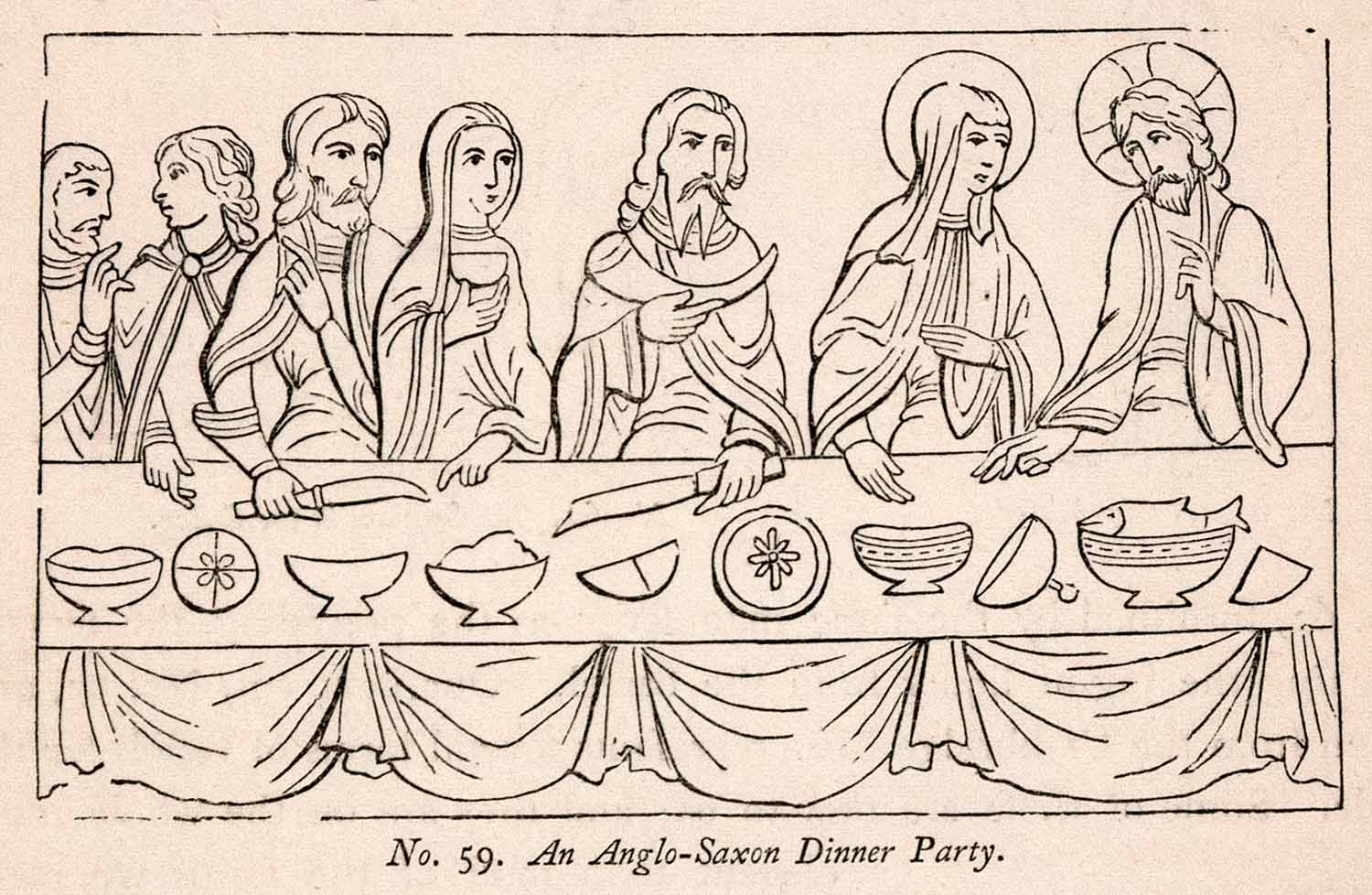1862 Wood Engraving Frederick William Fairholt Anglo Saxon Dinner Party XGBA4