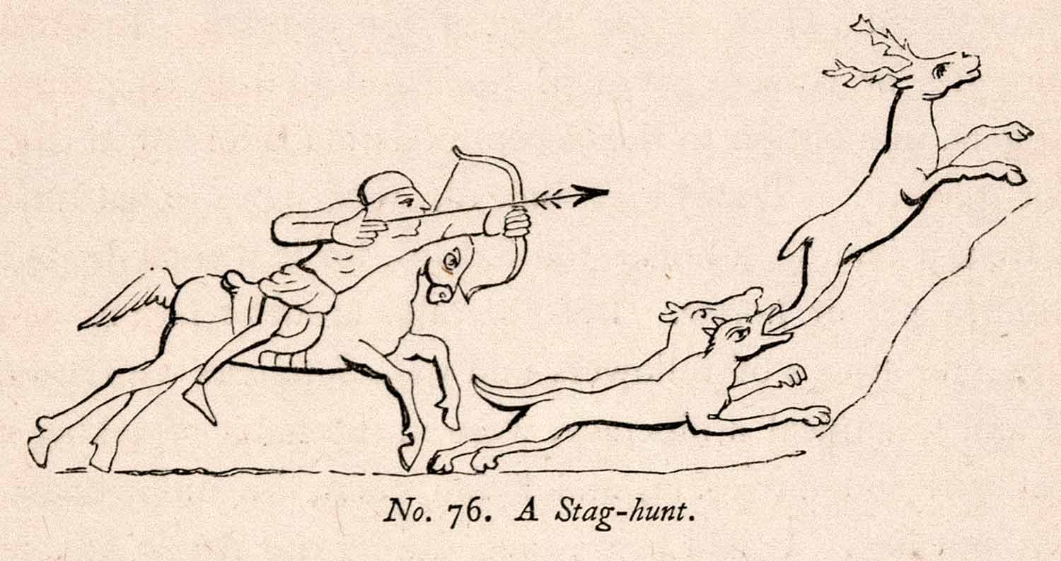 1862 Wood Engraving Frederick William Fairholt Stag Hunt Horse Dog Deer XGBA4