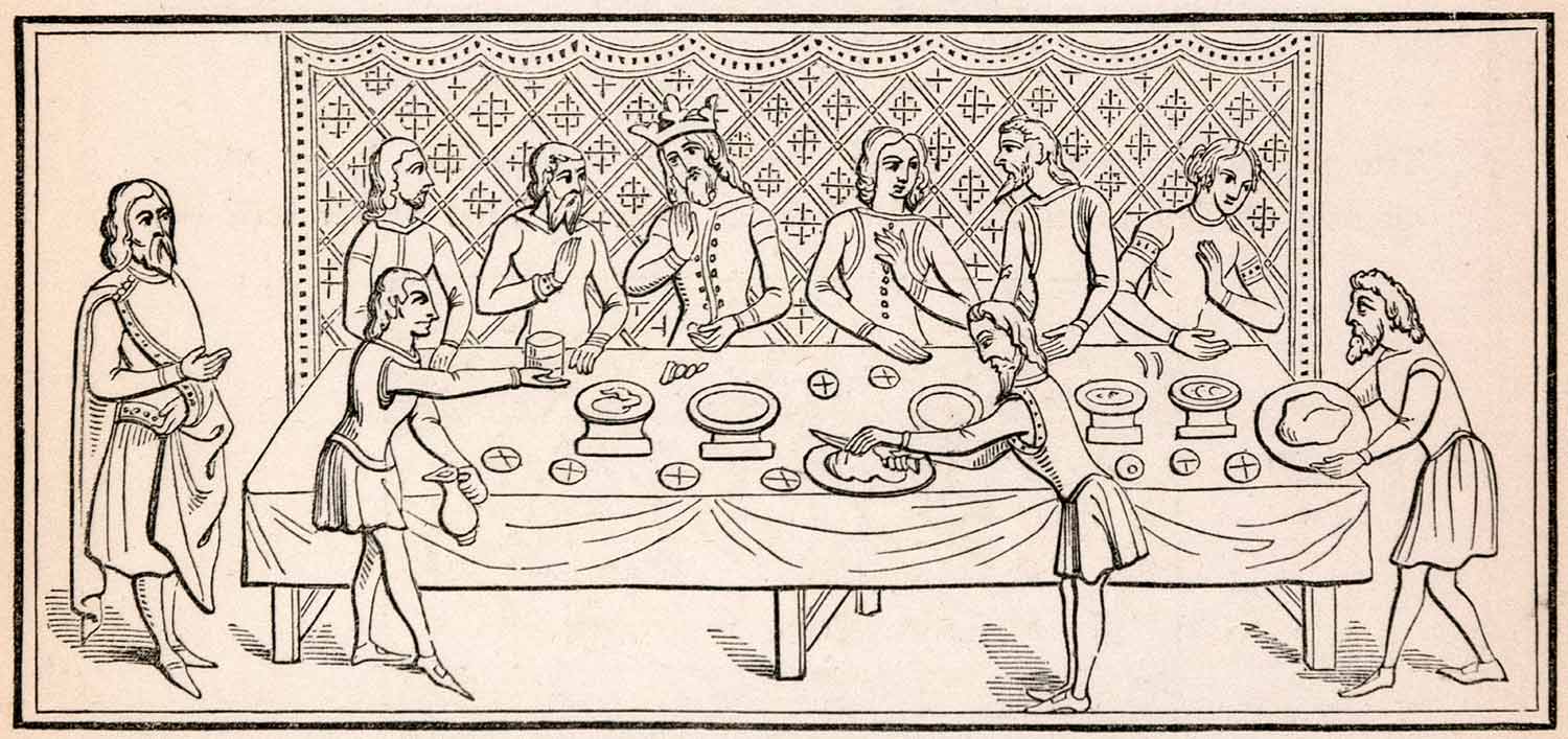 1862 Wood Engraving Frederick William Fairholt King Dinner Supper Table XGBA4