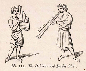 1862 Wood Engraving Frederick William Fairholt Dulcimer Double Flute Harp XGBA4