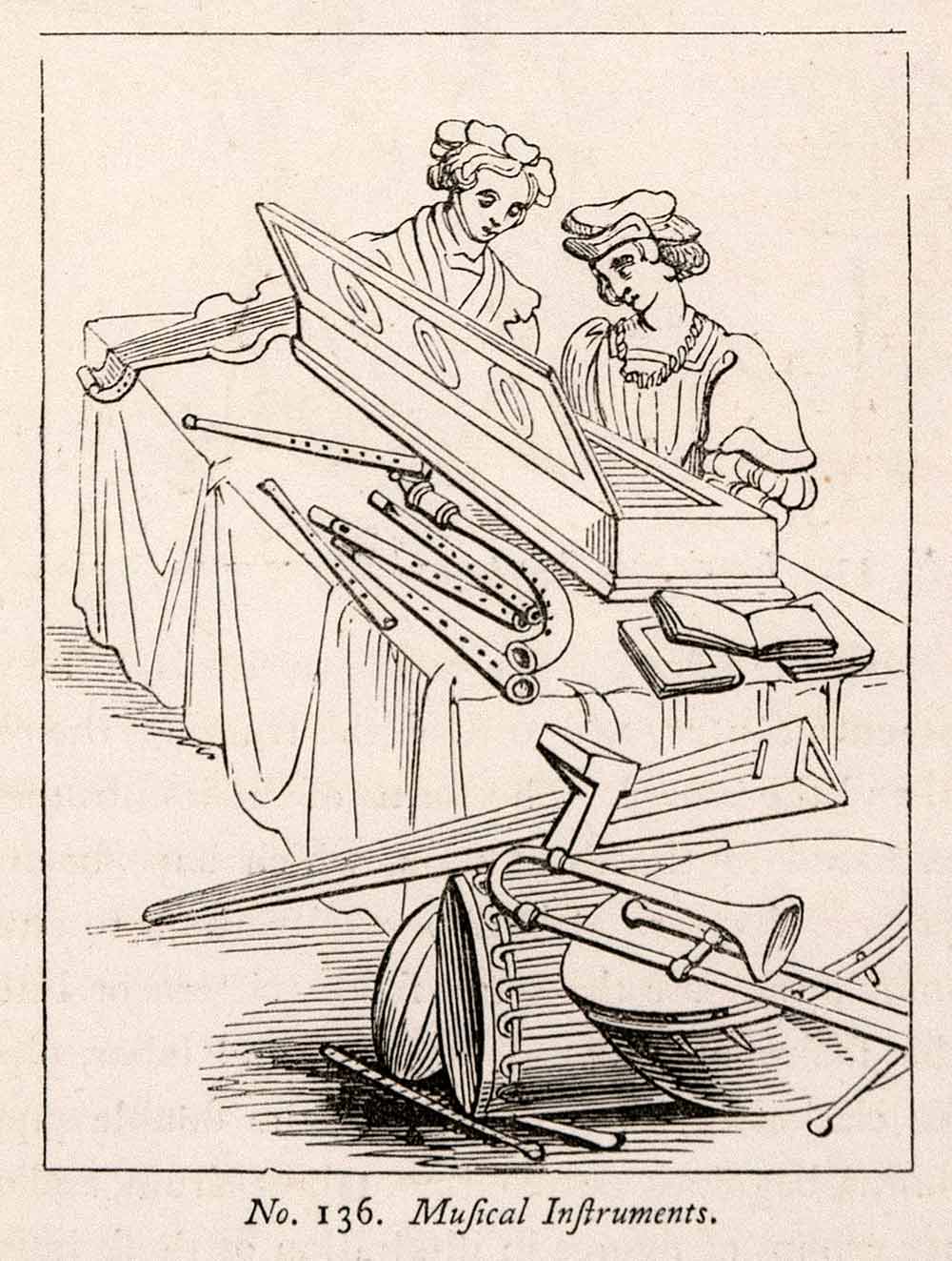 1862 Wood Engraving Frederick William Fairholt Musical Instruments XGBA4