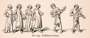 1862 Wood Engraving Frederick William Fairholt Mediaeval Dance Music XGBA4