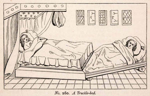 1862 Wood Engraving Frederick William Fairholt Trundle Bed Wheel Sleep XGBA4