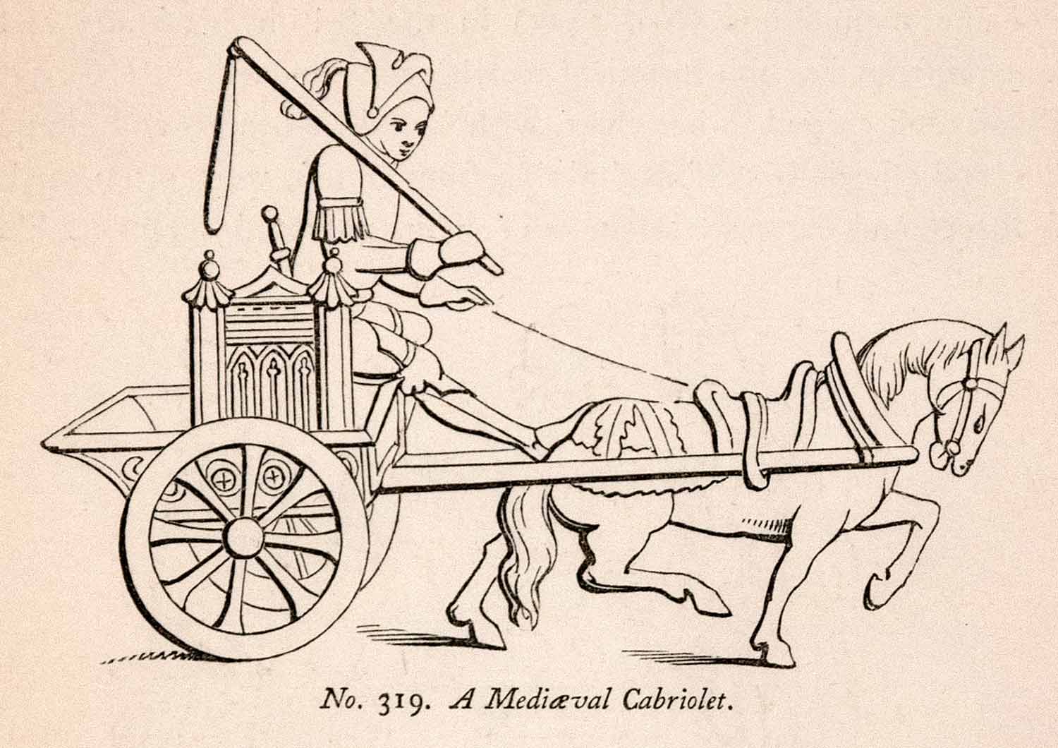 1862 Wood Engraving Frederick William Fairholt Medaeval Cabriolet Chariot XGBA4