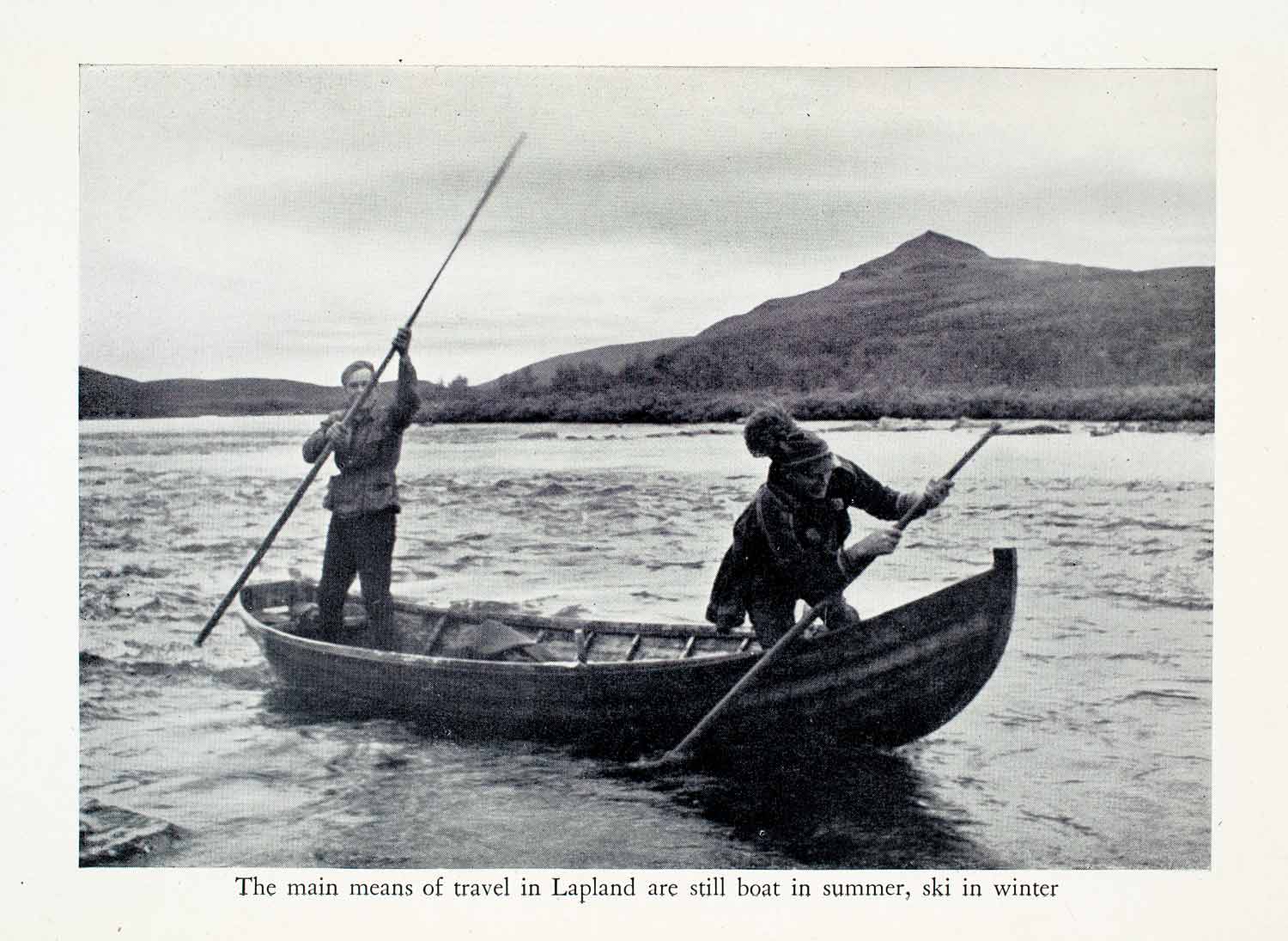 1951 Halftone Print Lapland Sweden Canoe Oar Lake Men Mountain Summer XGBA8