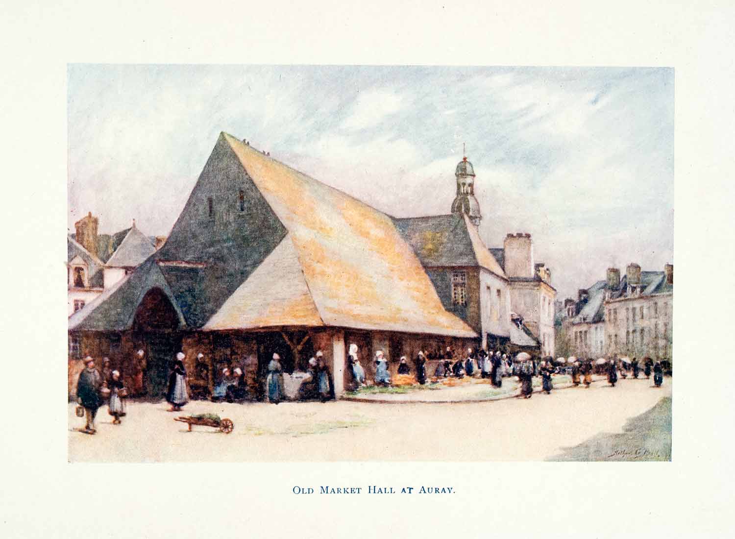 1906 Color Print Old Market Hall Auray Brittany France Architecture Arthur XGBB4