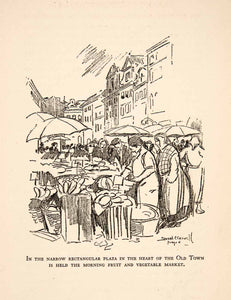 1930 Lithograph Edward Caswell Plaza Old Town Marketplace Produce Vendor XGBB5