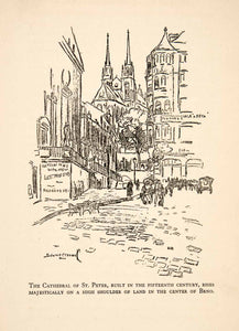 1930 Lithograph Cathedral St Peter Paul Brno Czech Republic Edward Caswell XGBB5