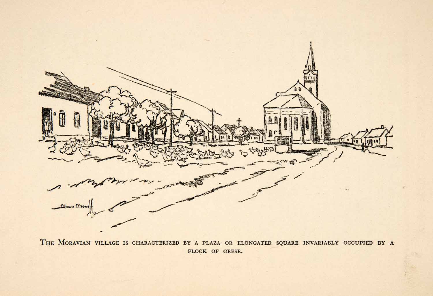 1930 Lithograph Moravian Village Plaza Square Church Czech Republic Ed XGBB5