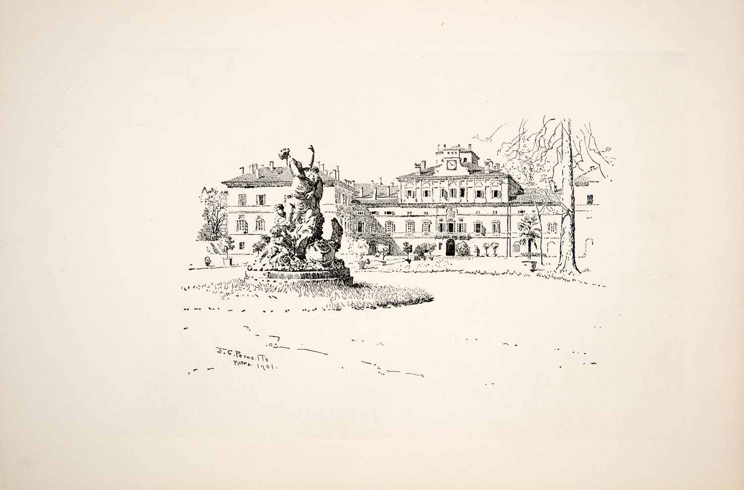 1907 Lithograph Ernest Clifford Peixotto Art Little Palace Garden Italy XGBB7